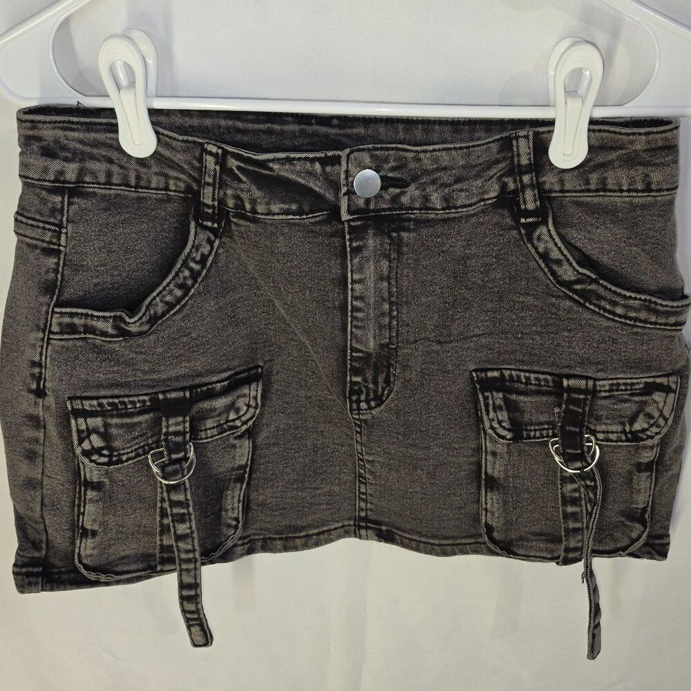 Y2K Acid Wash Cargo Mini Skirt Denim D-Ring Straps Utility Grunge Gray Womens L